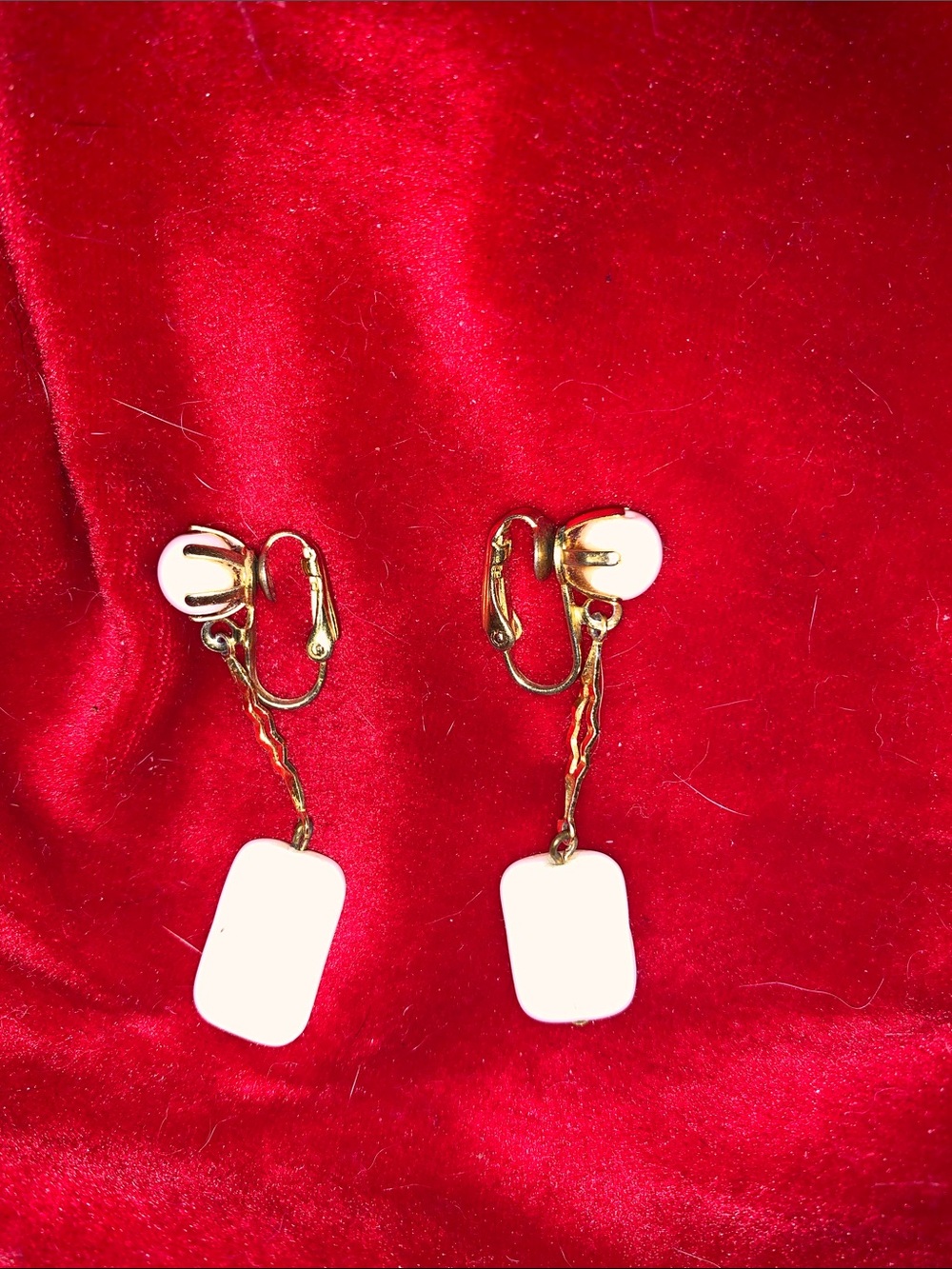 Vintage Gold-Tone Clip-On Earrings with White Rectangular Drops